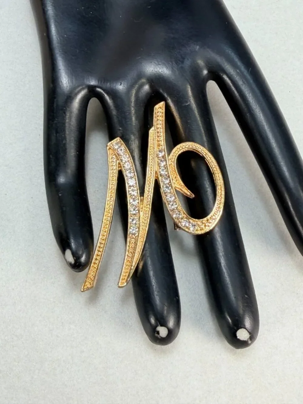 Vintage Letter M Monogram Brooch Gold Tone Clear Rhinestone Initial Pin